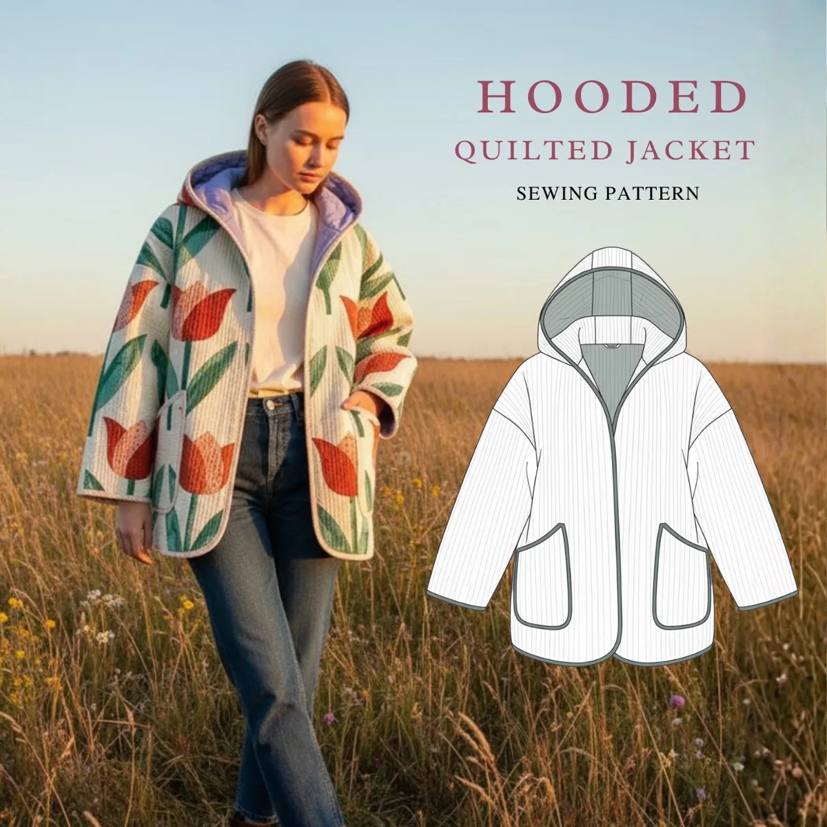 Hooded Quilted Jacket Sewing Pattern — beginner friendly, sizes XXS–5XL